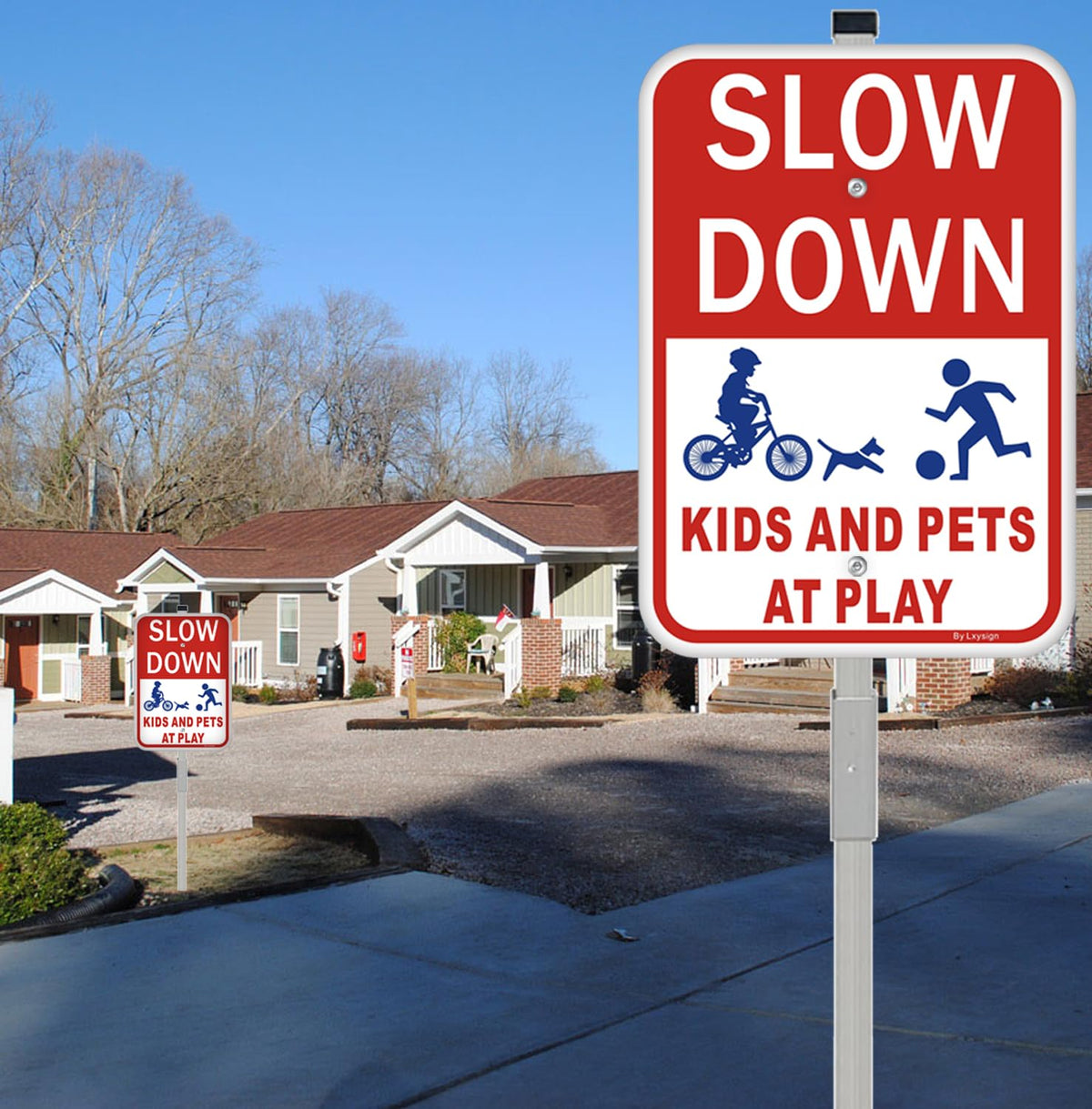 (2Pack) Slow Down Signs，Kids Playing Sign with Stake for Street - Children at Play Safety Signs with 36 Inches Metal Stakes & 14"×10" Reflective Aluminum Sign, Fade Resistant, water proof/weather proof, Easy to Install Style2-2pack with Stake