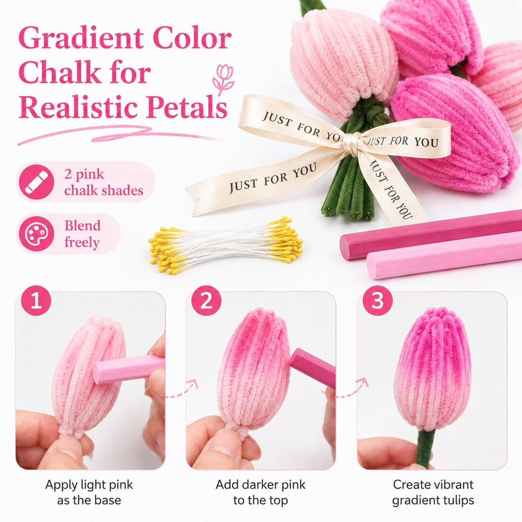 Quaystars 400Pcs Pipe Cleaners Bulk for Crafts - Tulip Flower Making Kit with Chenille Stems, Wire & Tape - DIY Arts and Crafts Supplies for Adults, Gift (Green, Pink)