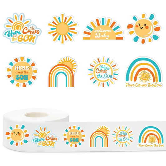 1000Pcs Boho Rainbow Decal Here Comes The Son Adhesive Sealing Labels First Trip Around The Sun Sticker for Baby Shower Birthday Party Favor, 8 Design Boho Sun Rainbow