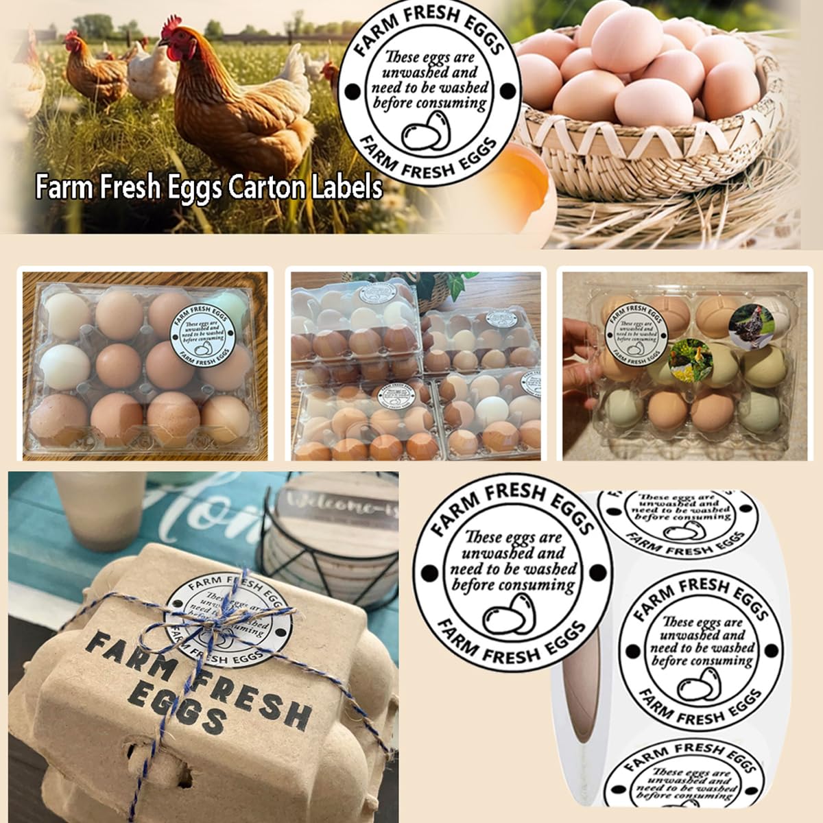 1000 Pcs Fresh Farm Eggs Handling Instructions Stickers,2 Inch Egg Carton Stickers Writable