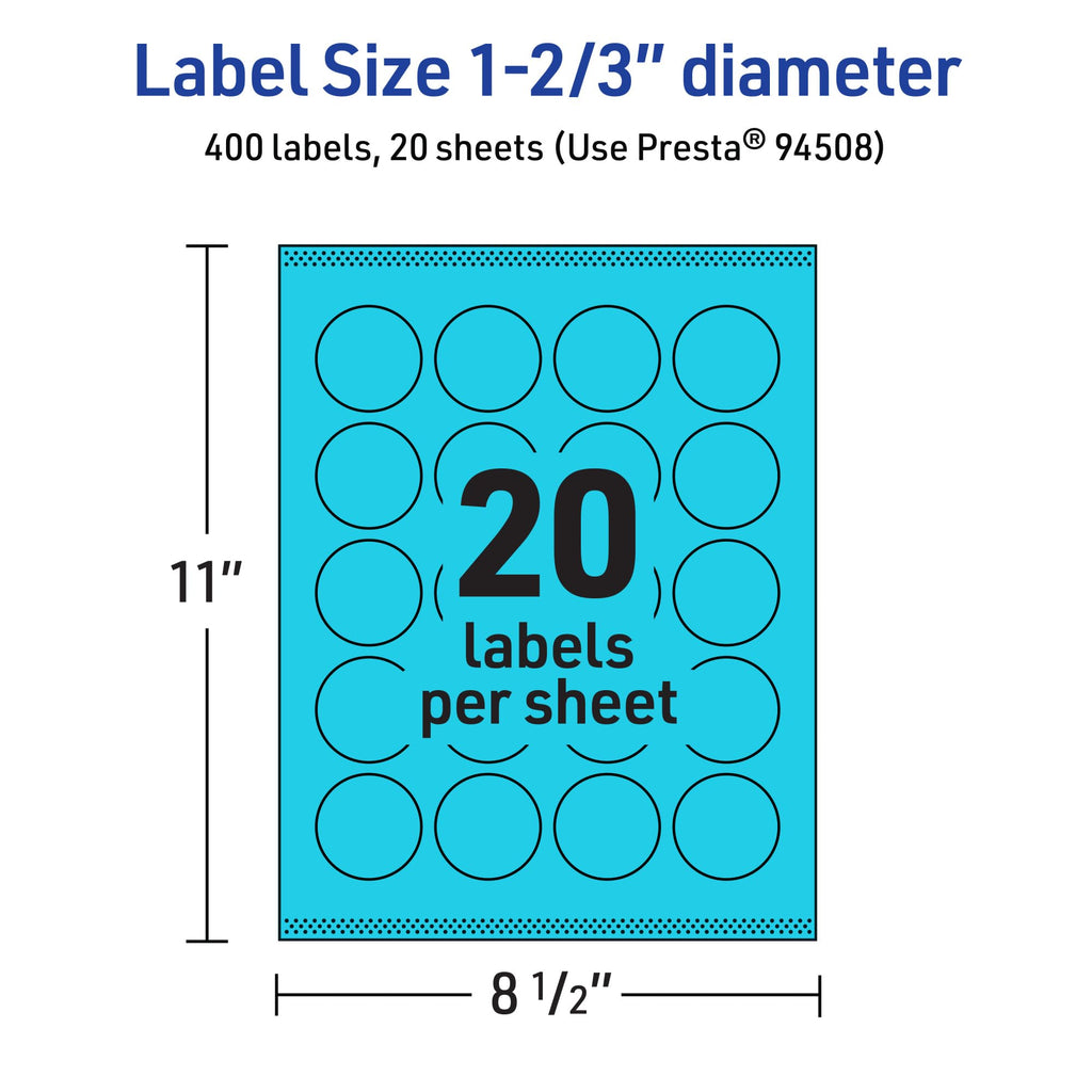 Avery Printable Round Labels, Sure Feed Technology, 1-2/3" Diameter, Bright Blue Labels, Print-to-The-Edge, Laser/Inkjet Printable, 400 Total, Great for Stickers and Candles 400 Labels