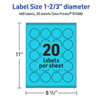 Avery Printable Round Labels, Sure Feed Technology, 1-2/3" Diameter, Bright Blue Labels, Print-to-The-Edge, Laser/Inkjet Printable, 400 Total, Great for Stickers and Candles 400 Labels