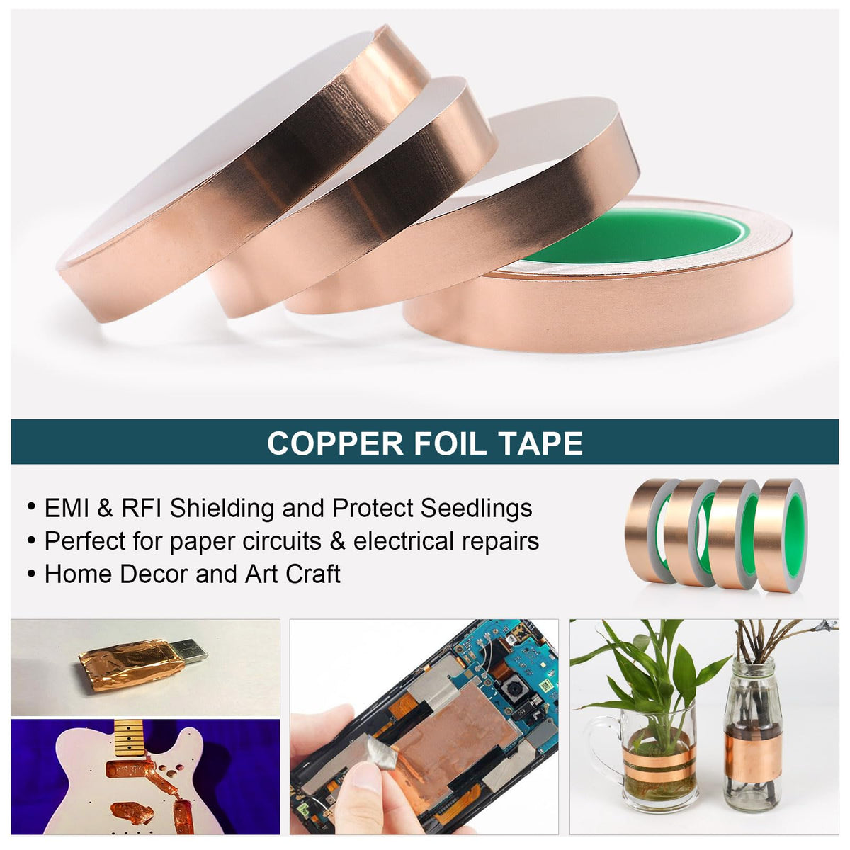 BOMEI PACK Copper Foil Tape 4 Pack 1.97mil x 1inch x 66ft with Conductive Adhesive for Guitar and Crafts, Soldering, Stained Glass, Electrical Repairs, Grounding 4 Pack, 1 Inch X 66 Ft