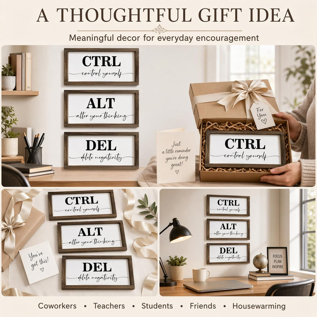 Pinetree Art Motivational Wall Decor for Office, Set of 3 Rustic Wooden Framed Signs, CTRL ALT DEL Inspirational Wall Art for Home Office, Classroom, Desk Wall, Positive Mindset Decor, (6"x12"x3) 6"x12"x3 rusitc
