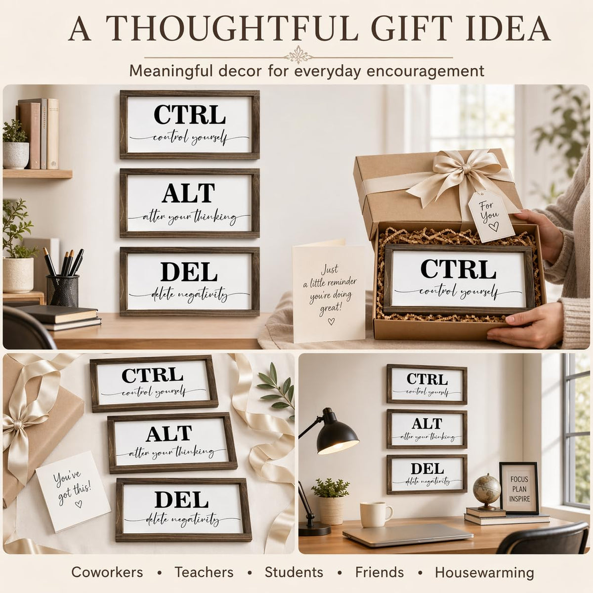Pinetree Art Motivational Wall Decor for Office, Set of 3 Rustic Wooden Framed Signs, CTRL ALT DEL Inspirational Wall Art for Home Office, Classroom, Desk Wall, Positive Mindset Decor, (6"x12"x3) 6"x12"x3 rusitc