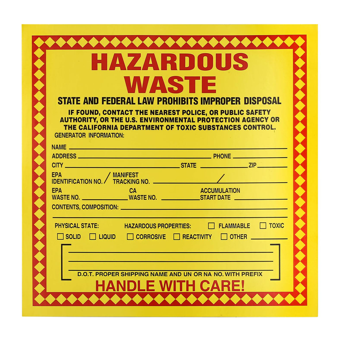 Pack of 50 Hazardous Waste Identification Stickers Label, Federal Laws Prohibit Improper Disposal, Handle with Care, 6"x6"