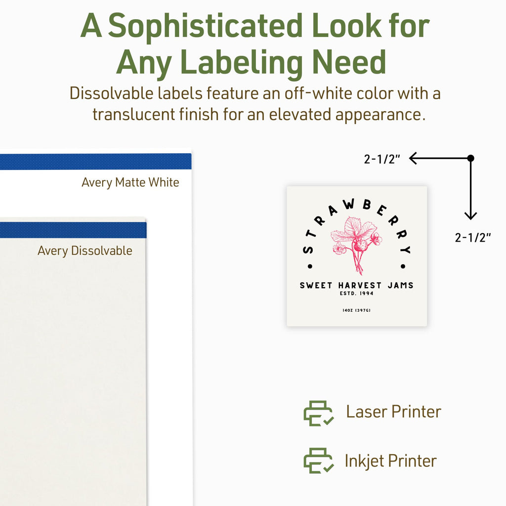 Avery® Dissolvable Square Labels, Sure Feed® Technology, 2.5" x 2.5", Matte White, Laser/Inkjet Printable, 90 Labels Total, Freezer-Safe, Microwave-Safe, Refrigerator-Safe