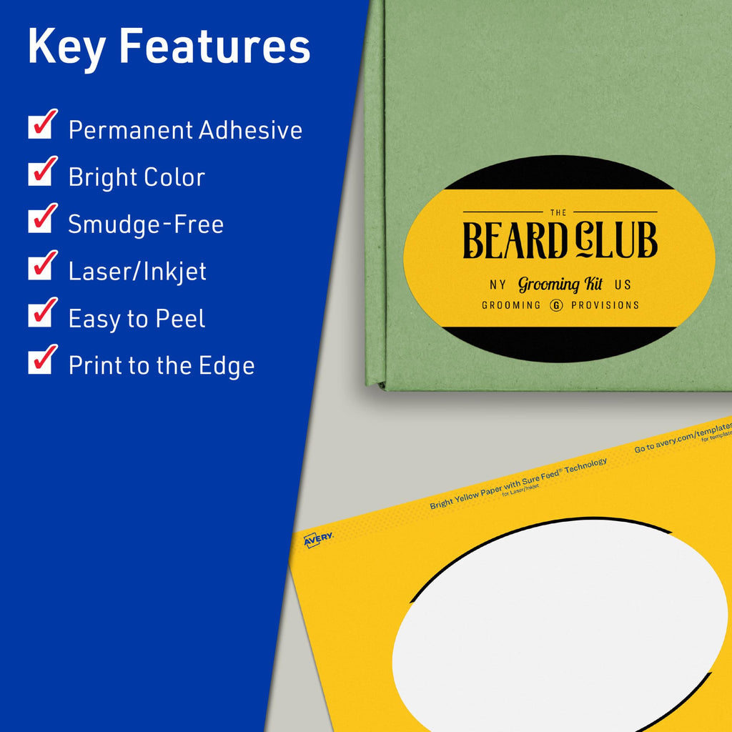 Avery Printable Oval Labels, Sure Feed Technology, 4" x 6", Bright Yellow Labels, Print-to-The-Edge, Laser/Inkjet Printable, 40 Total, Great for Packaging and Candles 40 labels