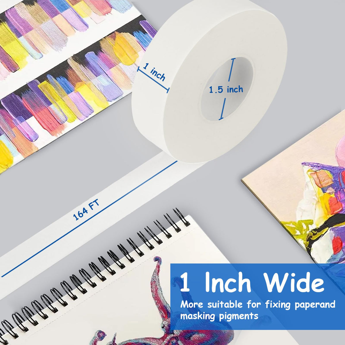 Artist Tape, White Art Tape for Watercolor Paper, Medium Tack Masking Drafting Tape for Painting Canvas Framing, Acid-Free, 1in 164FT Long 1inch 1