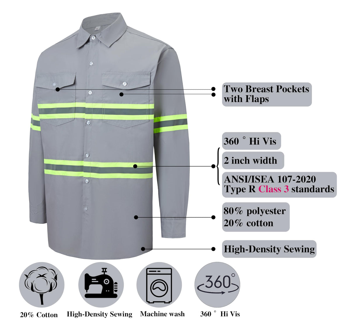 Ousafeve Class 3 Hi Vis Button Up Safety Work Shirts for Men Reflective X-Large Light Gray_long