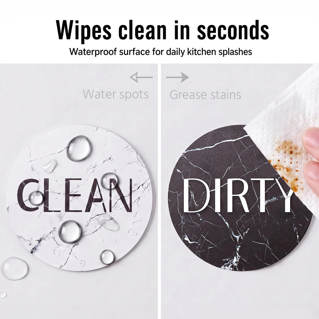 Dishwasher Magnet Clean Dirty Sign, 3.54 Inch Reversible Clean Dirty Magnet for Dishwasher, Waterproof Double Sided Black White Marble Indicator, Kitchen Accessories, 1 Pack