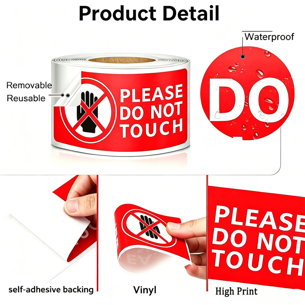 Please Do Not Touch Warning Stickers Tape, 200 Pcs Please Don't Touch Sign, 3" x 6" Safety Label Sticker, Removable Waterproof Self-adhesive Vinyl Decal for Display Items, Personal Items, Business, Facilities