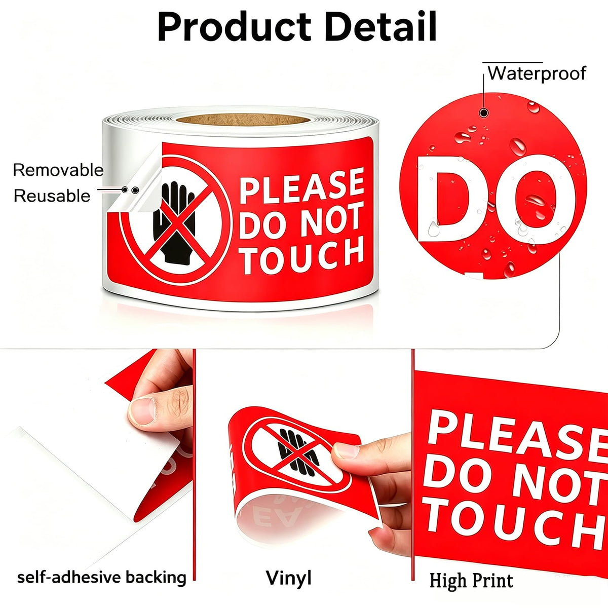 Please Do Not Touch Warning Stickers Tape, 200 Pcs Please Don't Touch Sign, 3" x 6" Safety Label Sticker, Removable Waterproof Self-adhesive Vinyl Decal for Display Items, Personal Items, Business, Facilities