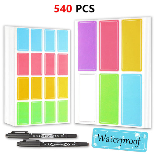 540 PCS Color Waterproof Removable Labels, Daycare Bottles Adhesive Name Label Stickers for Water Bottle, Baby Kids School Supplies, Home Storage, Spice Bottles, with 2 Black Marker Pens