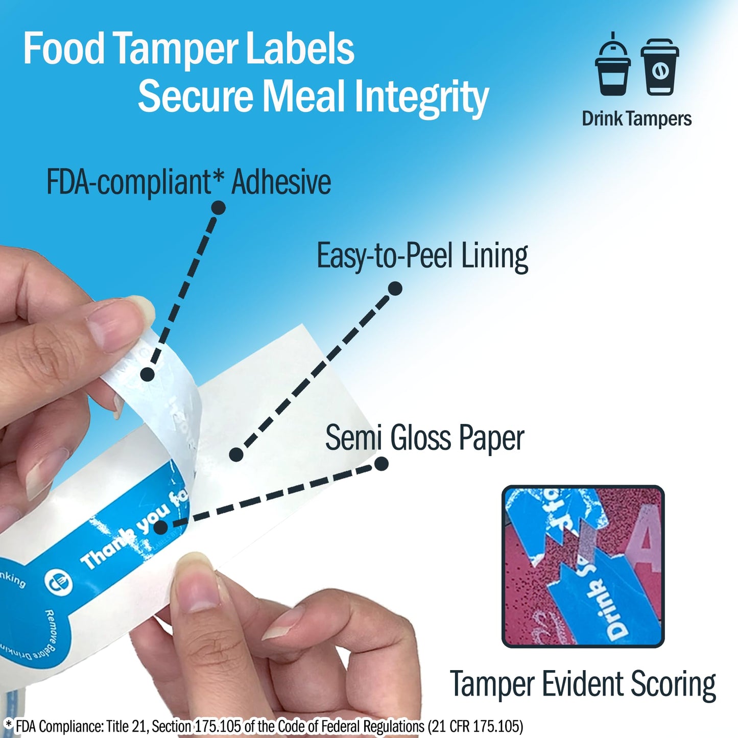 Tamper Evident Drink, Food Safety Seals, Blue, Generic Text, Roll of 250 Labels, Perfect for to Go Cups and Containers, Food Secure Stickers