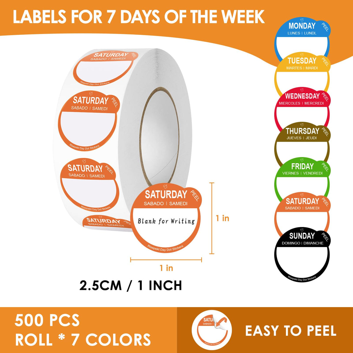 7000 Pcs 1 Inch Risepekt Removable Day Dots Food Labels (Monday-Sunday)