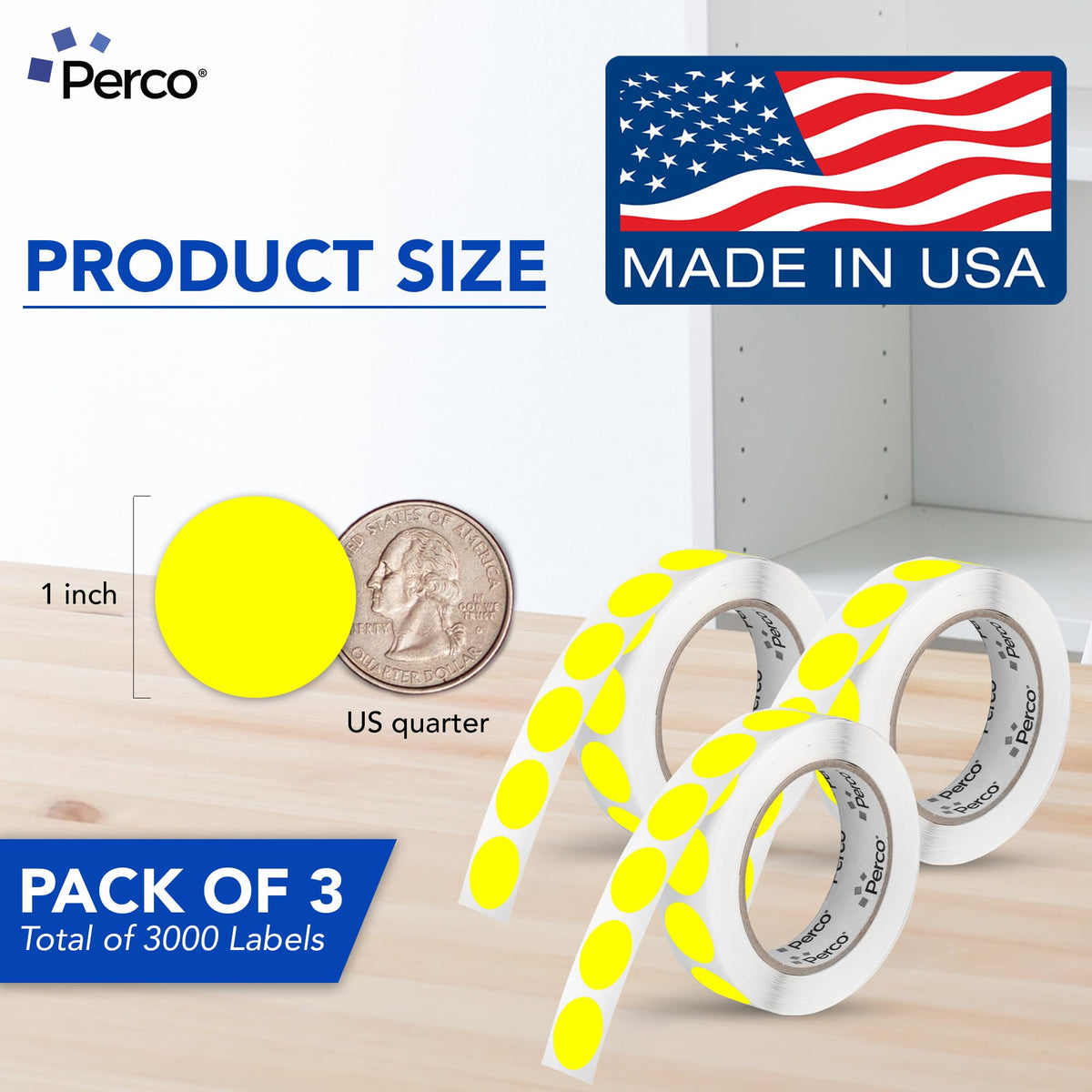 Perco Neon Yellow Perforated Round Circle Dot Sticker 1-Inch Labels — 3 Rolls, 3,000 Stickers — Price Stickers, Notes & Reminder Labels, High Visibility, Strong Adhesive—Made in USA 1 Inch