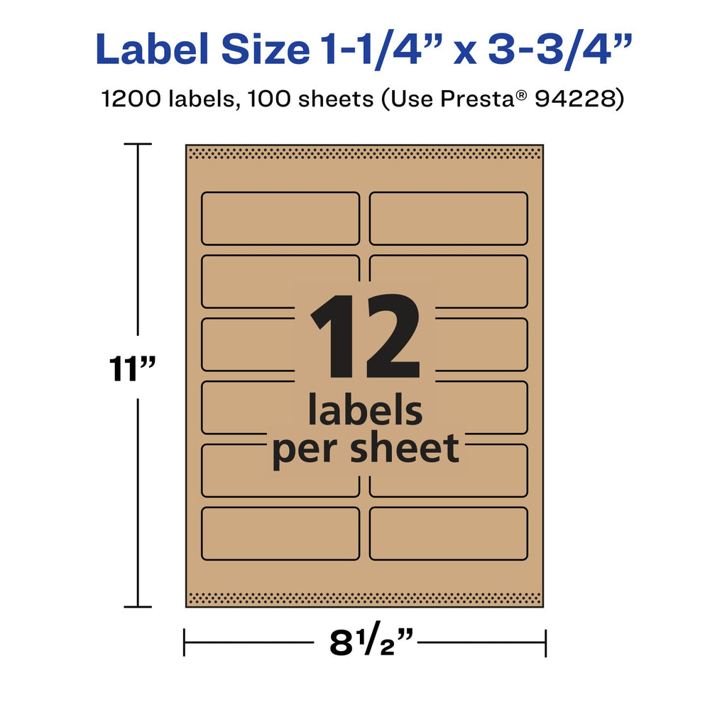 Avery® Kraft Brown Rectangle Labels, Sure Feed® Technology, 1.25" x 3.75", 1,200 Kraft Brown Labels, Print-to-The-Edge, Laser/Inkjet Printable 1,200 labels