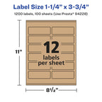 Avery® Kraft Brown Rectangle Labels, Sure Feed® Technology, 1.25" x 3.75", 1,200 Kraft Brown Labels, Print-to-The-Edge, Laser/Inkjet Printable 1,200 labels