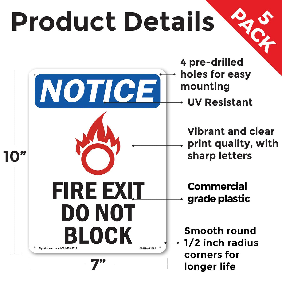 Fire Exit Do Not Block OSHA Notice Rigid Plastic Sign 10 Inch x 7 Inch - 5 Pack 5 Pack of 10" x 7"
