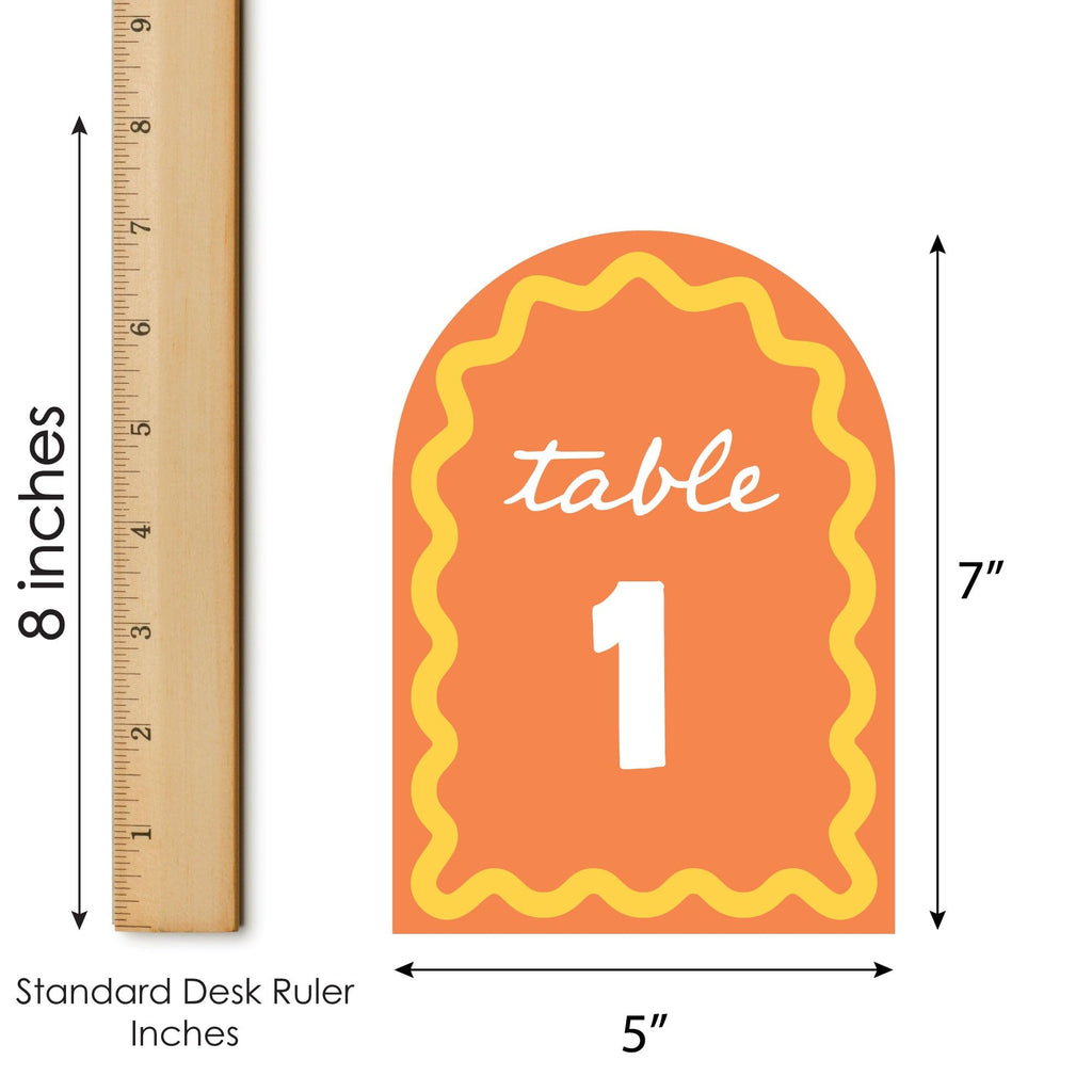 Big Dot of Happiness Orange and Yellow Wavy Table Numbers, Retro Wedding or Birthday Party Decor Centerpieces, Double-Sided 5 x 7 inches Cards, Table Numbers - 1-20