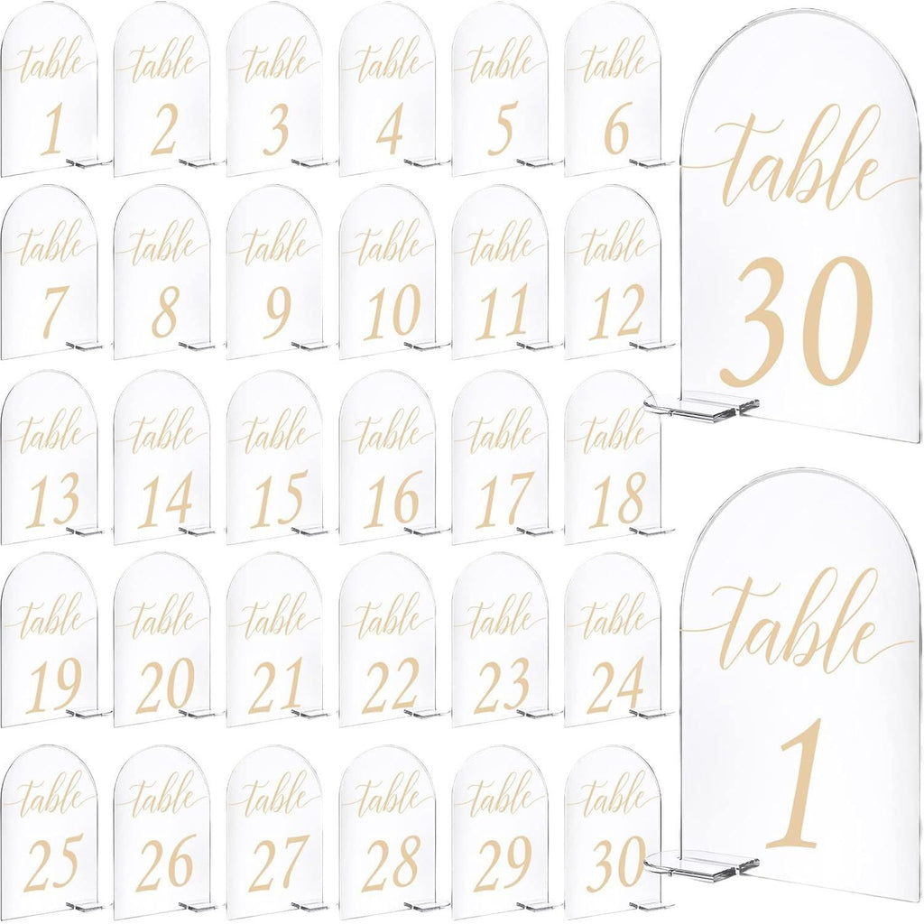 Ragyzity 4 x 6 Inch 30 Sets Acrylic Gold Table Numbers, Gold Printed 1-30 Signs with Stands Calligraphy Clear Table Number Display Stand for Wedding Reception Party Centerpieces Decor
