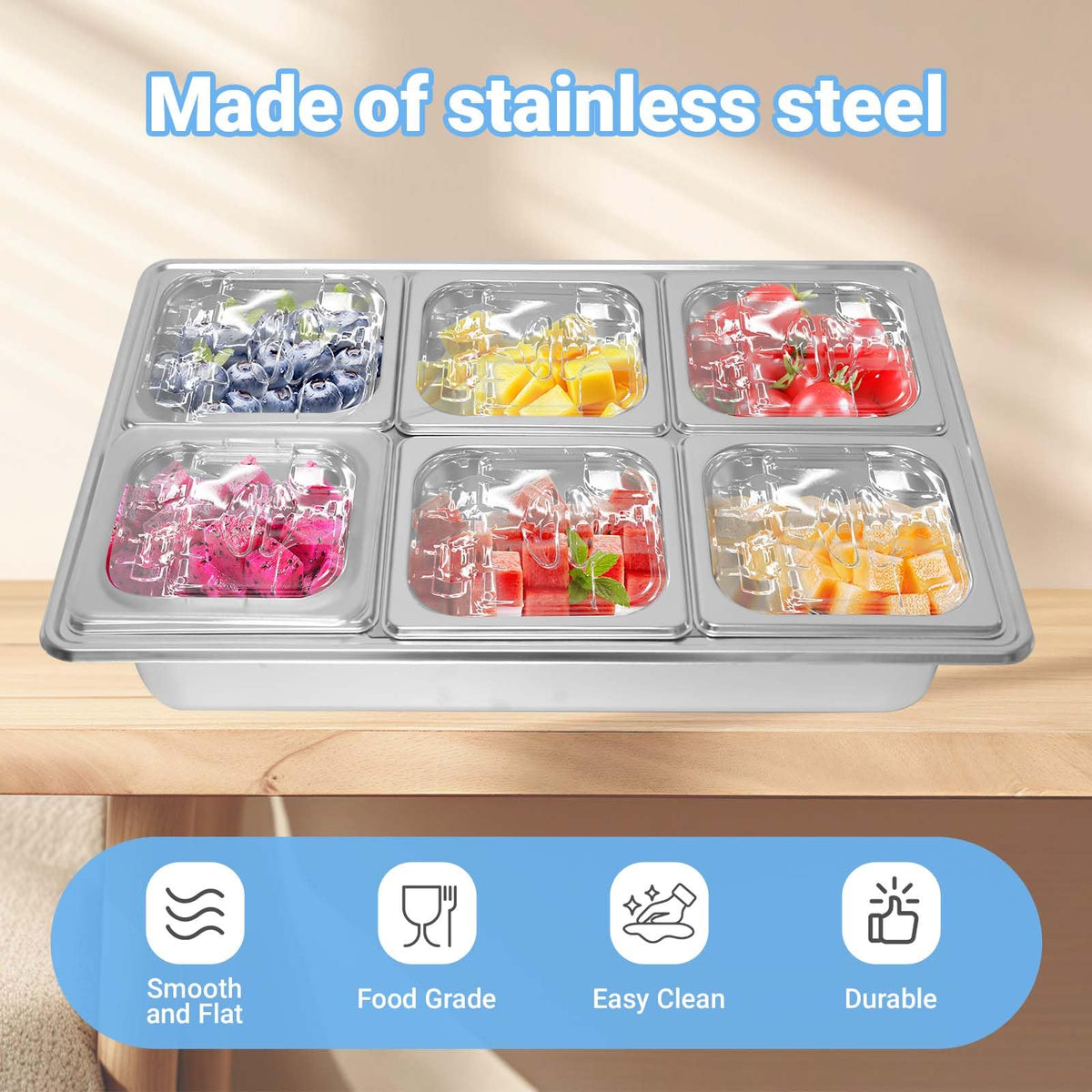 Countertop Ice Food Serving Display Tray with 6 Pan, Portable Salad Bar Buffet Station for Home, Cold Food Buffet Tray, Keep Food Cold Outdoor Buffet, Pizza Topping Station Cooling Trays for Food