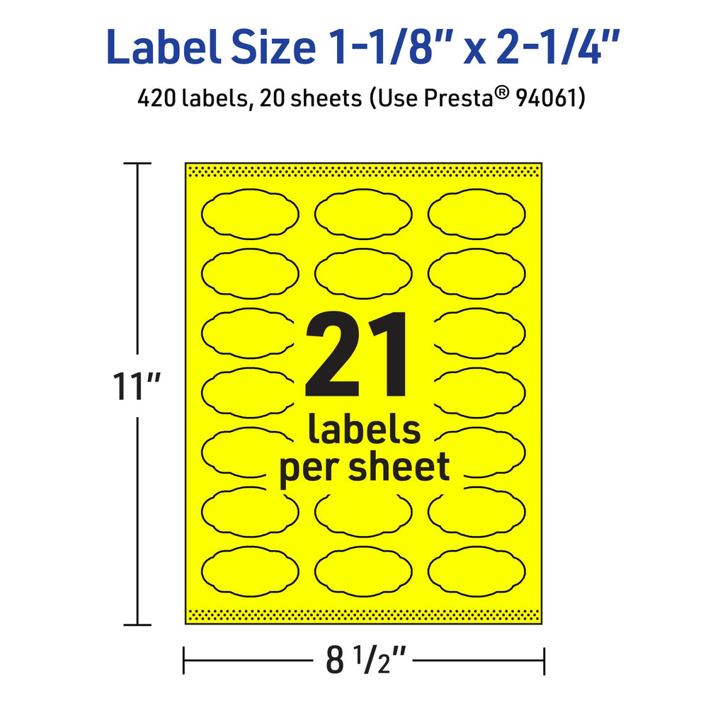 Avery Printable Oval Scalloped Labels, Sure Feed Technology, 1-1/8" x 2-1/4", Neon Yellow Labels, Print-to-The-Edge, Laser/Inkjet Printable, 420 Total, Great for Candles and Jars 420 labels