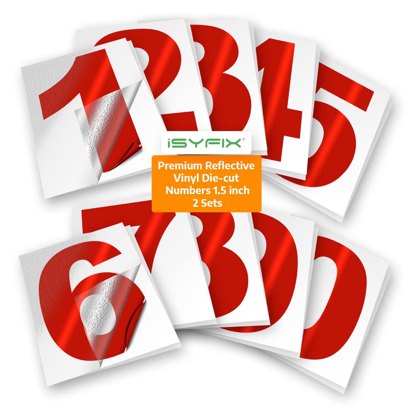 iSYFIX Reflective Red Vinyl Numbers Stickers - 1.5 Inch (2 Sets) - Premium Decal Die Cut and Pre-Spaced for Mailbox, Signs, Window, Door, Cars, Trucks, Home, Business, Address Number, Indoor/Outdoor