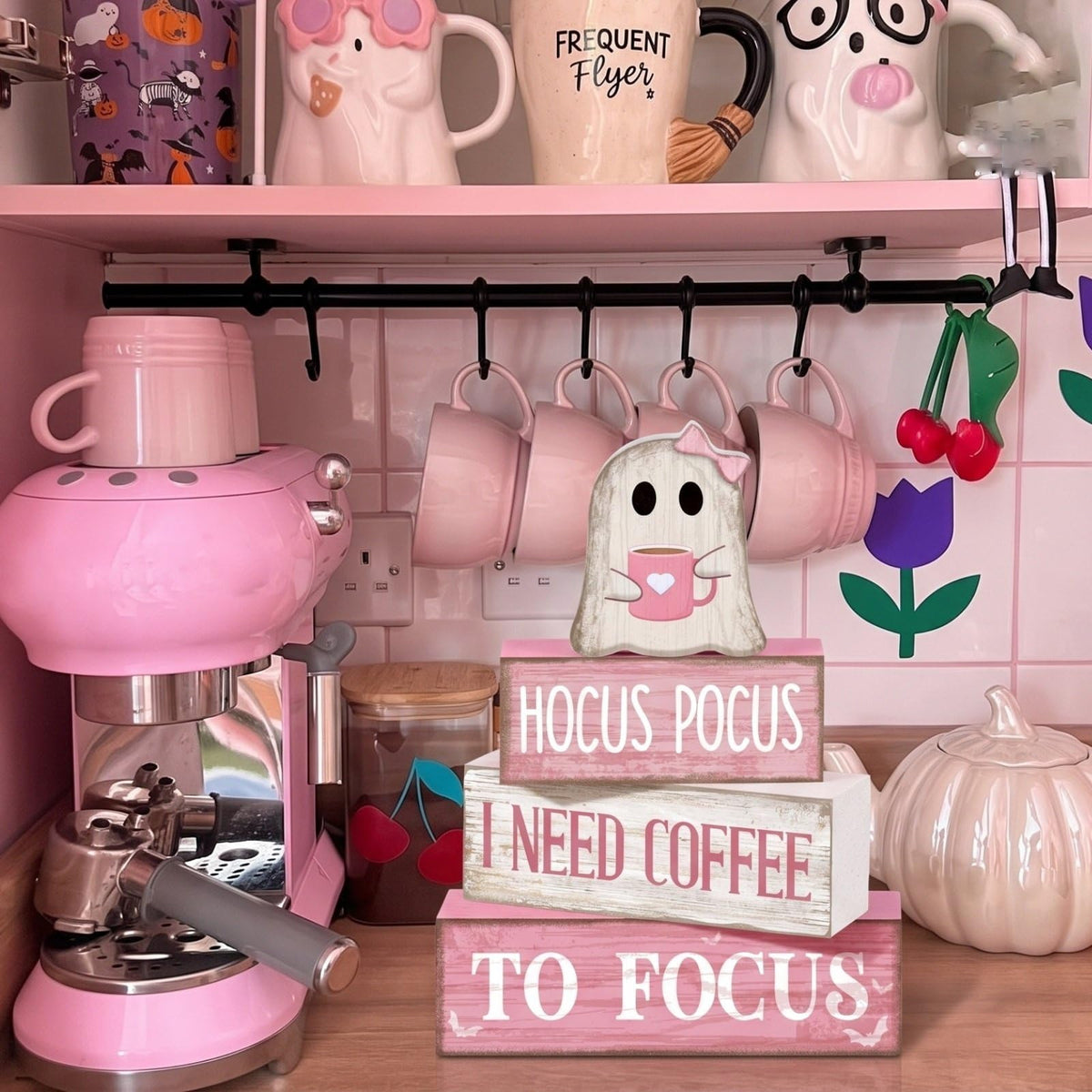 Moucuny 4 Pcs Pink Halloween Table Decor Ghost Wooden Stacked Block Decor Pink Coffee Ghost