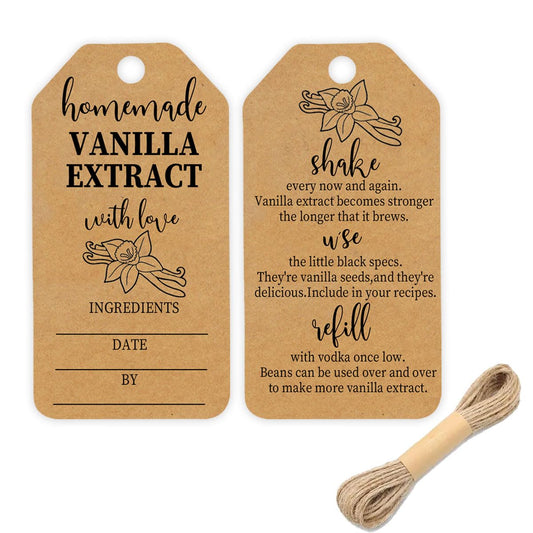 50PCS Kraft Vanilla Extract Labels Homemade Vanilla Extract Tags with Instructions for Gifting & Refilling Handcrafted Vanilla Bottles,Valentine's Day Gift,Kitchen Pantry,Jar(Includes rope),2.6*1.3 In