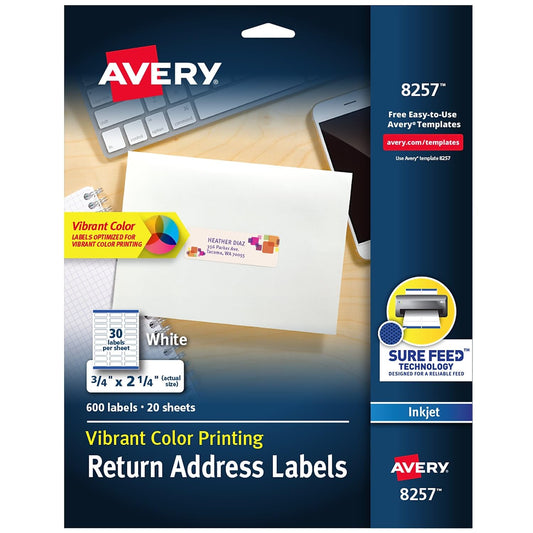 Avery Matte White Return Address Label, Sure Feed Technology, Permanent Adhesive, 3/4" x 2-1/4", 600 Labels (8257)