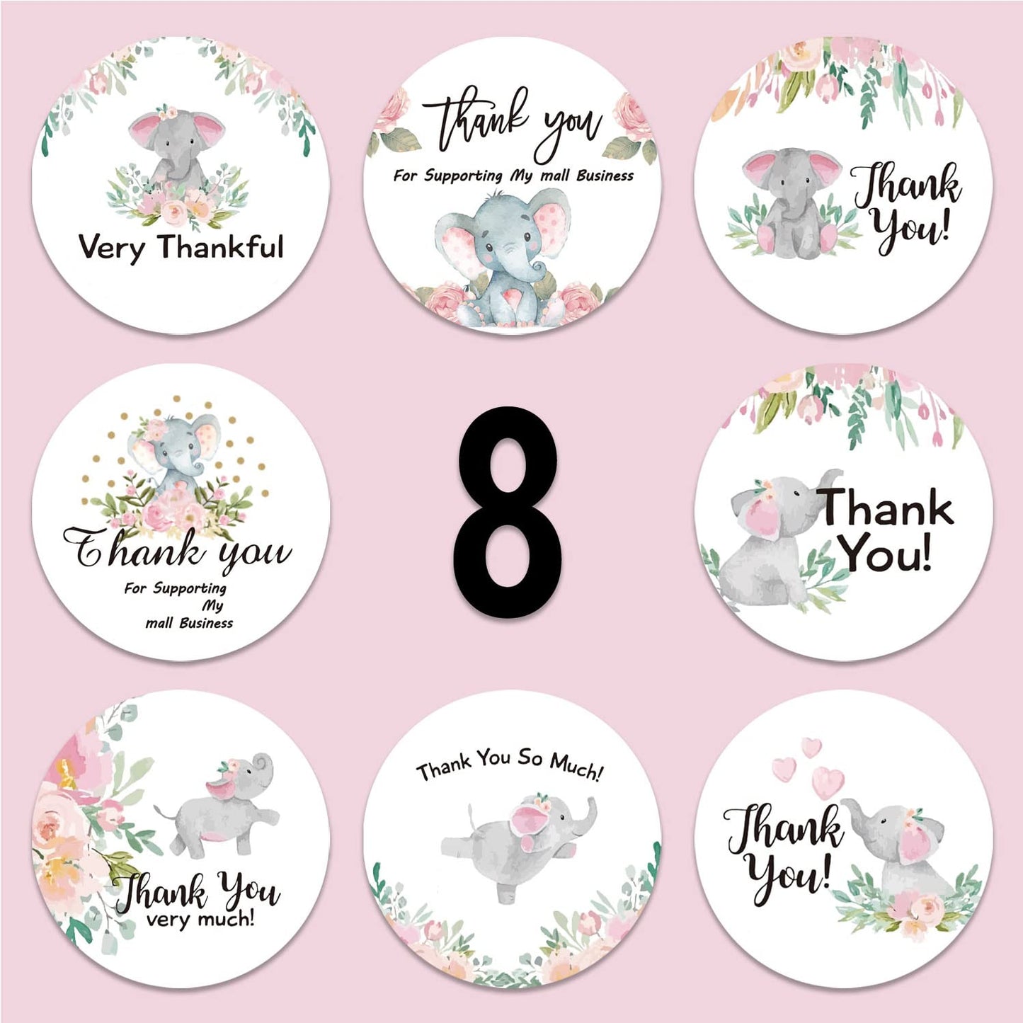 500Pcs Thank You Label Stickers Roll Cute Elephant Envelope Seals Stickers Adhesive 1inch Thank You Very Much for Help Support Round Labels Wrapping Paper for Gift Card Cookie Candy Bag Decor 8 Design G