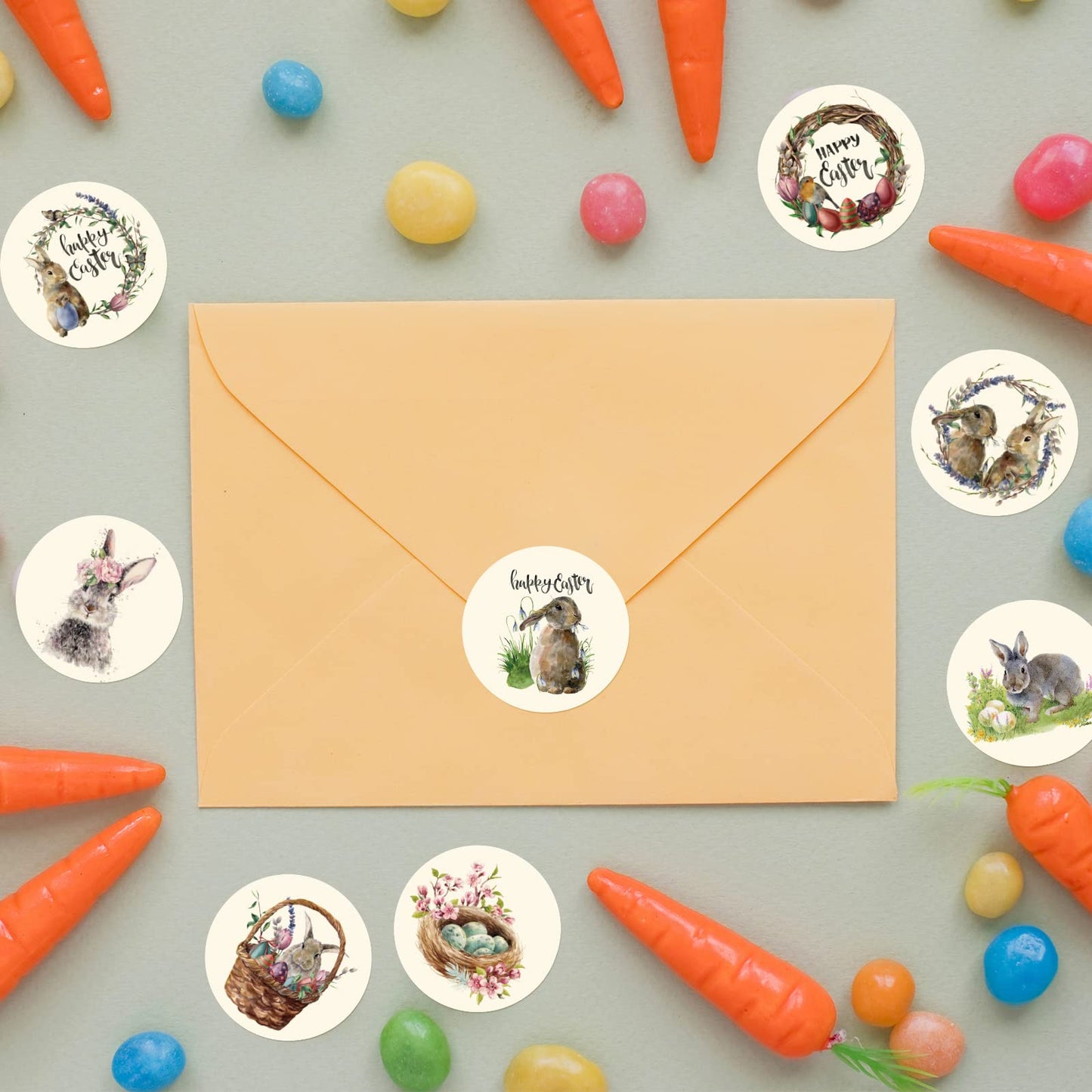 Whaline 1000Pcs Easter Stickers Roll Watercolor Rustic Bunny Round Stickers Rabbit Egg Pattern Label Self-Adhesive Stickers for Easter Holiday Party Boxes Cards Seal Envelopes, 8 Design