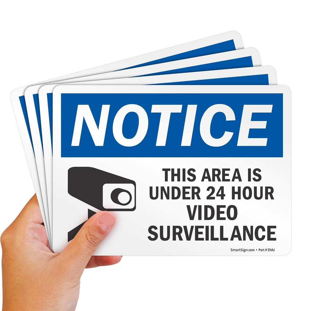 SmartSign 5x7 inch blue and white video surveillance notice sticker labels with symbol, laminated polyester, superstick adhesive, pack of 4