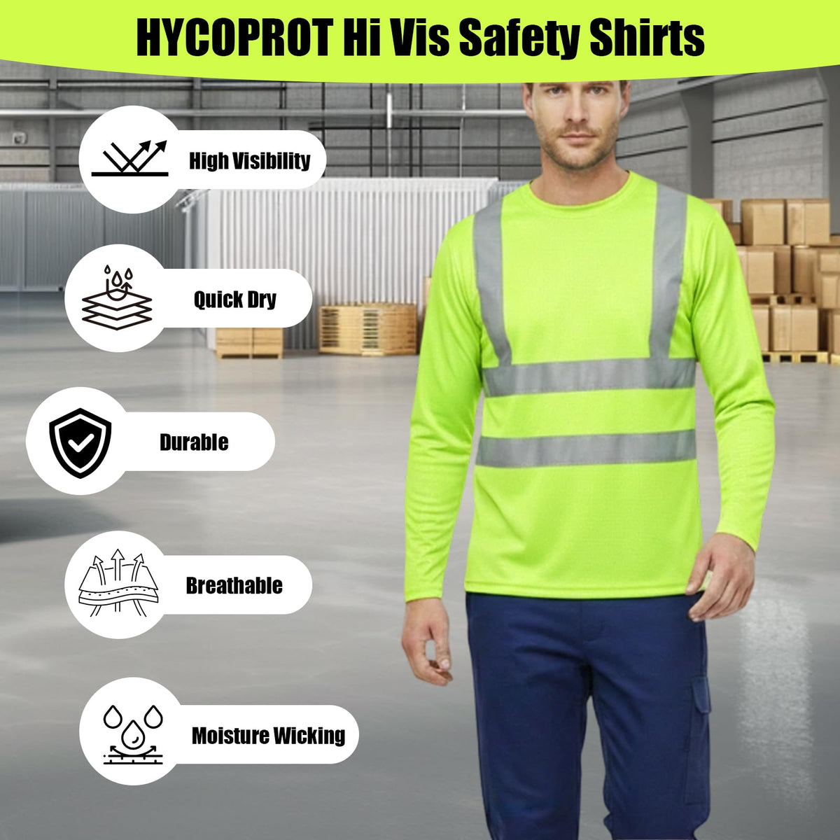 HYCOPROT Hi Vis Safety Shirts Long Sleeve High Visibility Reflective Shirt for Men Women Class 3 Construction T Shirt Work T-shirts Clothes for Warehouse Camisas Reflectivas de Trabajo para Hombre X-Large Yellow