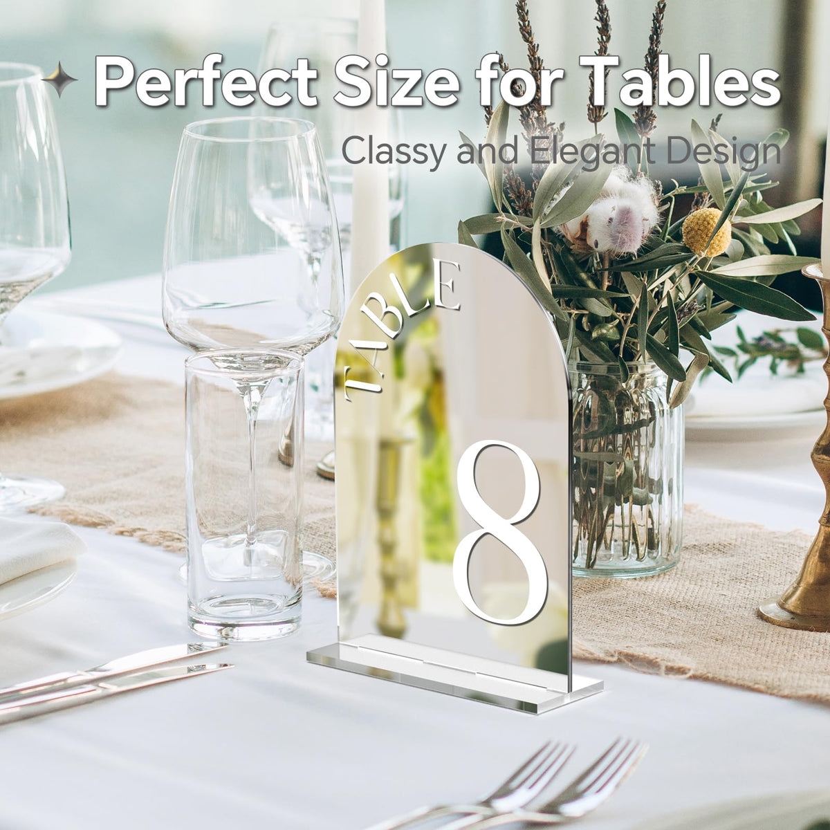 Silver Mirror Arched Table Numbers 1-15 with Stands 5"x7" Double-sided Font Silver