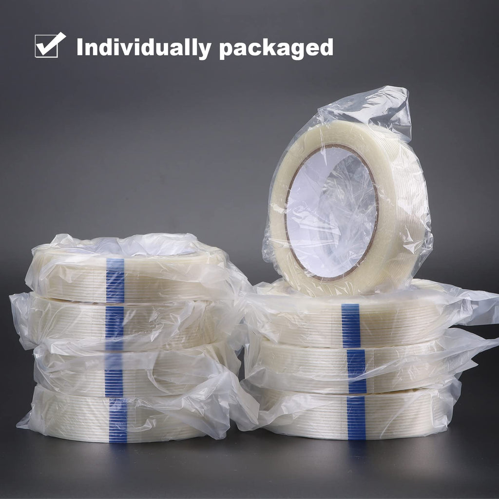 8-Pack Filament Strapping Tape 6.3mil x 1inch x 27yds Commodity Grade Heavy Duty Transparent Reinforced Fiberglass Tape, Thickened and Super Sticky 8 Pack 1in(2.5cm)*82ft(25m) 6.3mil