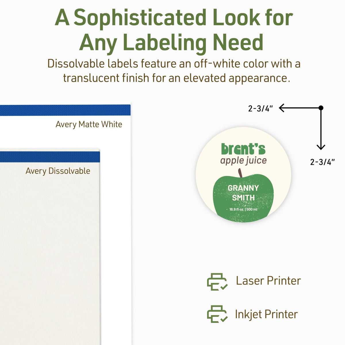 Avery Dissolvable Round Labels, Sure Feed Technology, 2.75" Diameter, Matte White, Print-to-The-Edge, Laser/Inkjet Printable, 60 Labels Total