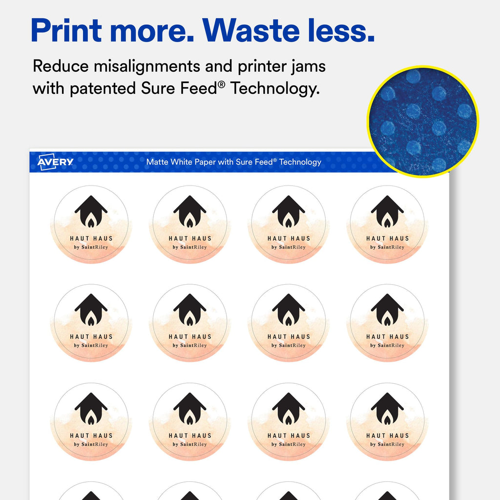 Avery Matte White Round Labels, Sure Feed Technology, 1.5" Diameter, 2,000 Matte White Printable Labels 2,000 labels