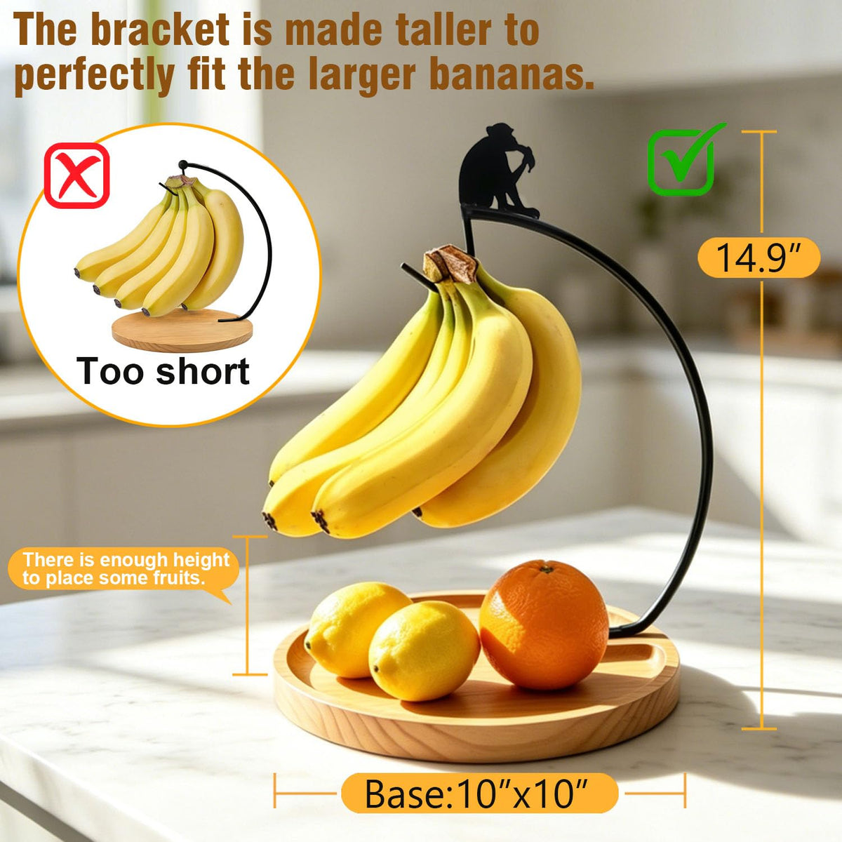 Banana Holder Stand with Wood Fruit Tray,Stand for Countertop,14.9" height Monkey