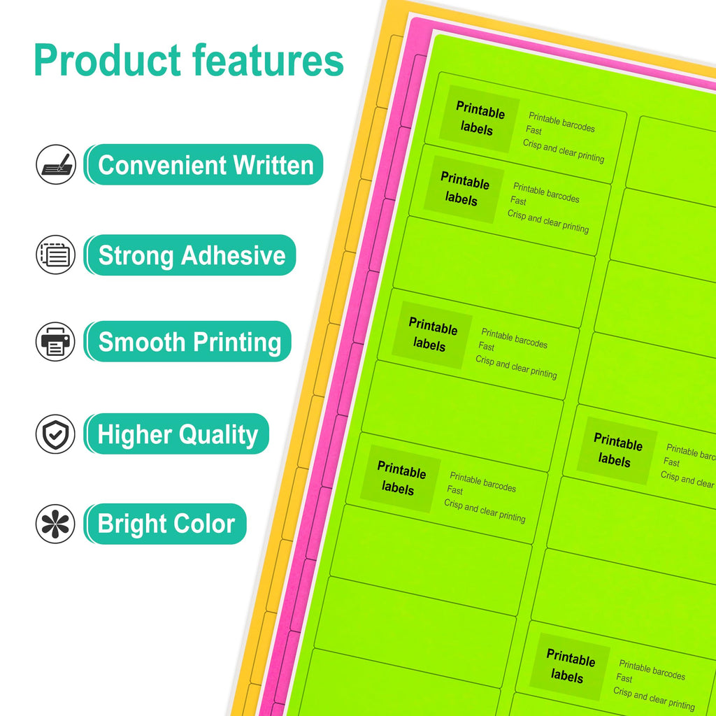LLIKED 1"x2-5/8" Assorted Fluorescent Address Labels 900 Labels 30 Sheets 1" x 2-5/8"