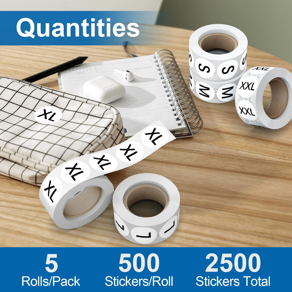 2500 Pcs 1 Inch Size Stickers for Clothing S-XXL, 5 Rolls