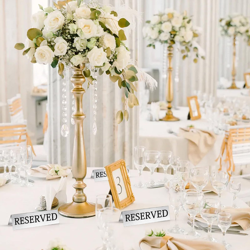 30Pcs Metal Reserved Table Signs, Double Sided Reserved Seating Signs with Protect Film, Table Tent Stand Tents Reserved Sign for Wedding Restaurant Parties Ceremony 5.9 x 1.6 Inch Silver