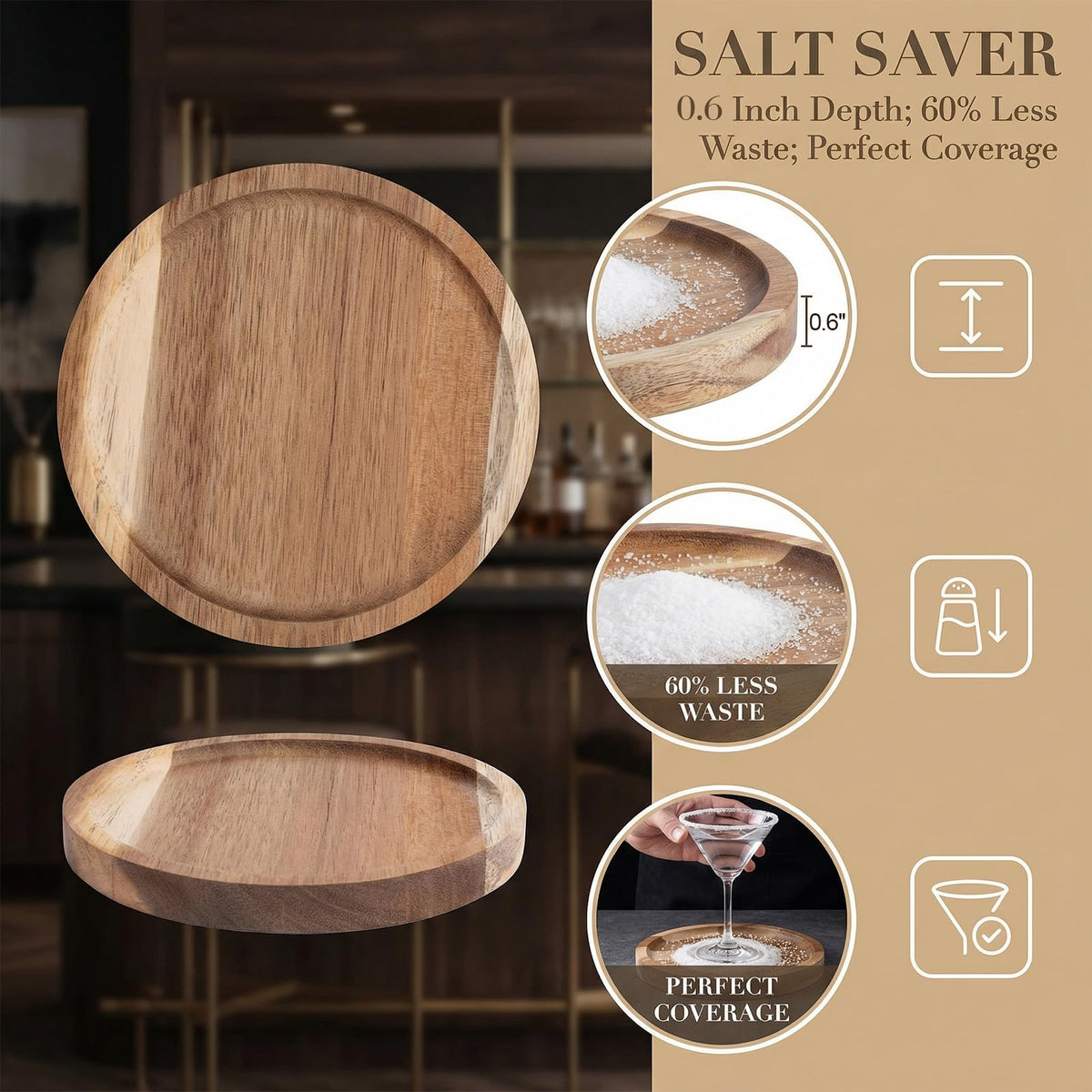 Margarita Salt Rimmer, Non-slip Solid Wood Salt Rimming Tray