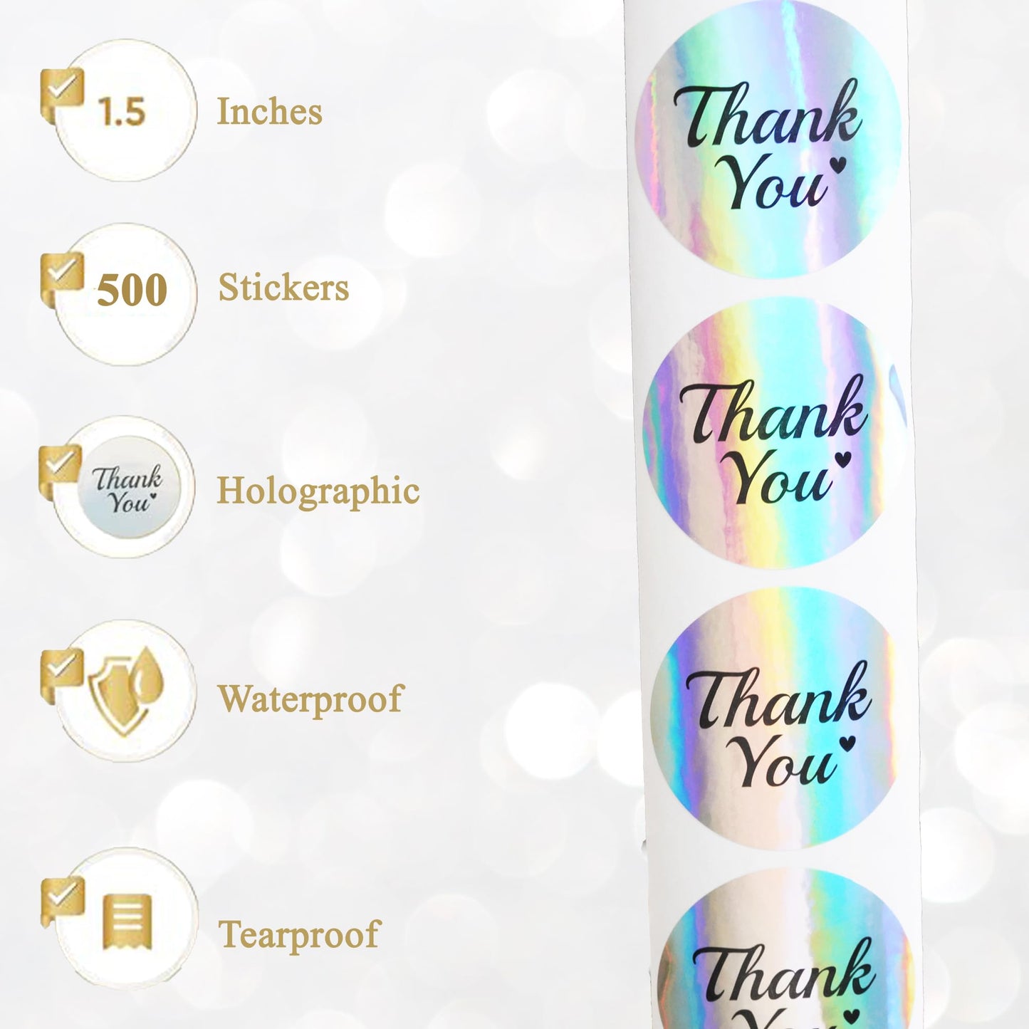 500 Holographic Thank You Stickers – 1.5 Inch Round Rainbow Foil Labels – Shiny Self-Adhesive Seals with Simple Thank You Text for Small Business Packaging, Envelopes, Gift Bags & Boxes
