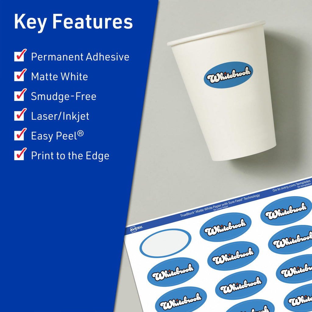 Avery TrueBlock Matte White Oval Labels, Sure Feed Technology, 1-1/8" x 2-1/4", 1,050 Matte White Labels, Print-to-The-Edge, Laser/Inkjet Printable, Great for Packaging and Product Merchandising 1,050 labels