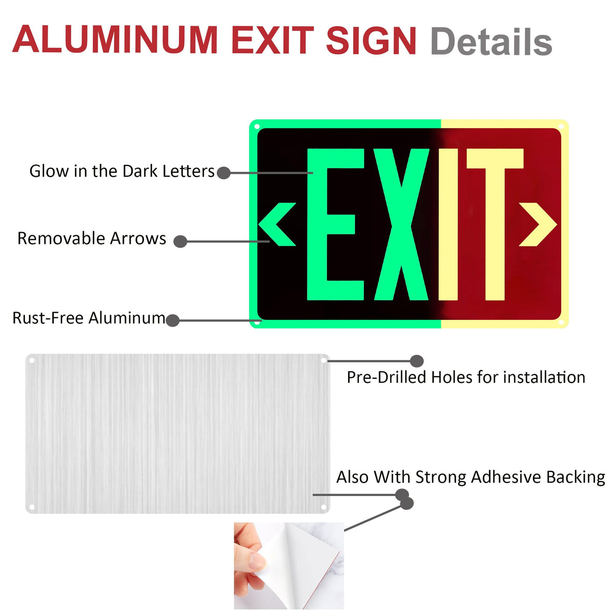 4Pack Photoluminescent Exit Sign Aluminum - 14x10 Inches Glow In Dark Exit Sign with Adhesive Backing - Removable Arrows Included - Non Electrical Red Exit Light For 50 Feet Visibility 14"X10"-4PACK