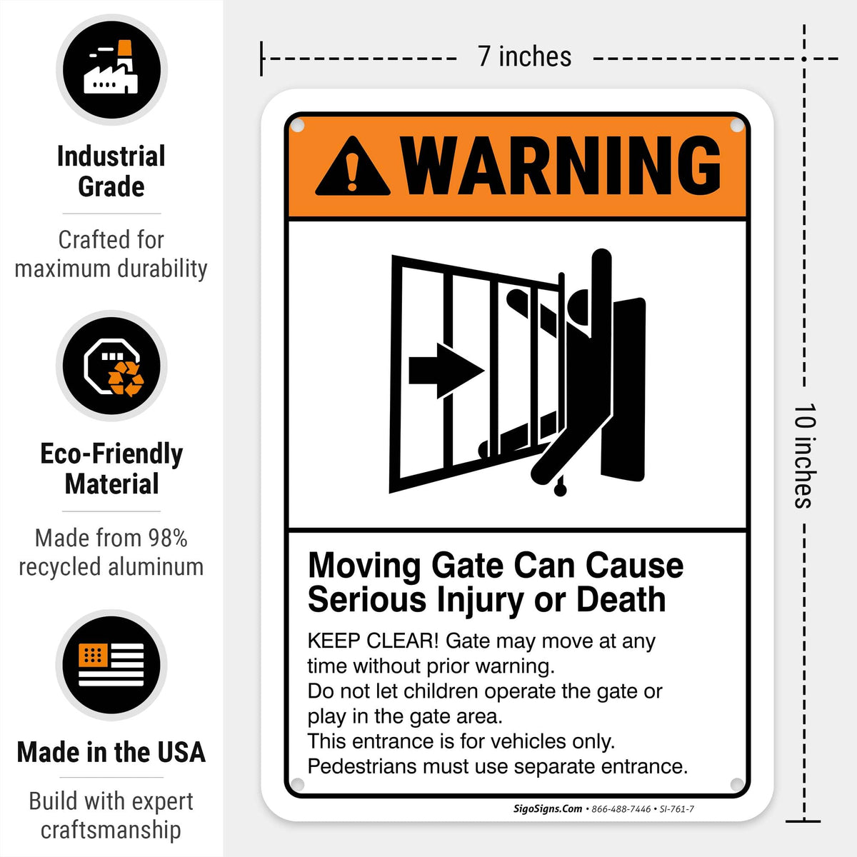 Moving Gate Sign, Moving Gate Can Cause Serious Injury or Death 10x7 Inches, Rust Free .040 Aluminum, Fade Resistant, Made in USA