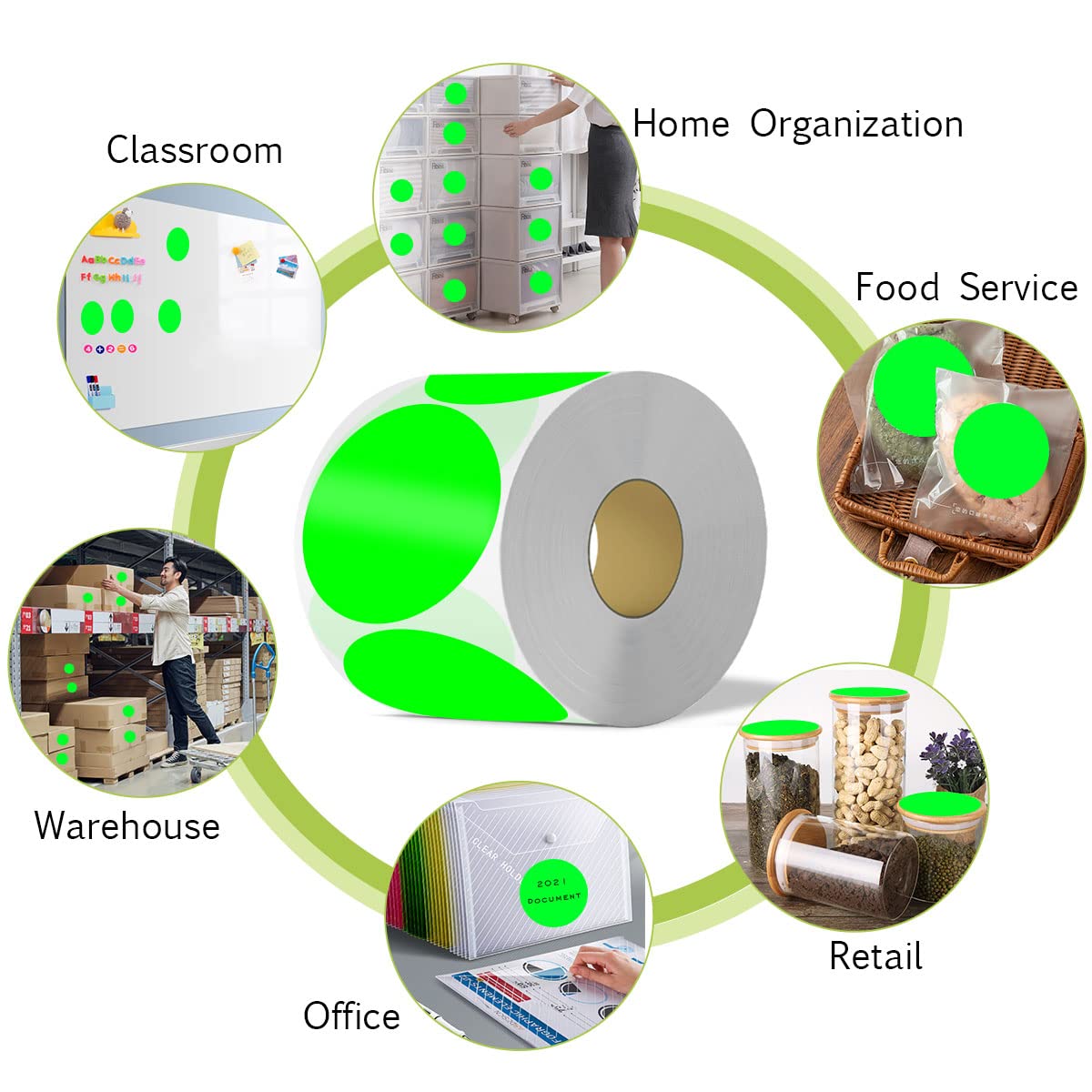 PARLAIM 3 Inch Color Coding Dot Stickers, 500 per Dispenser Box Color Coded Circle Label, Fluorescent Green Inventory Large Stickers 1 Roll-500PCS